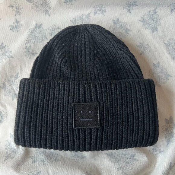 Acne Studios Black Beanie With Expression Patch - Picture 1 of 6